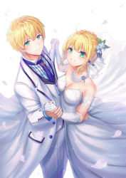 Rule 34 | 1boy, 1girl, ahoge, alternate breast size, arthur pendragon (fate), arthur pendragon (white rose) (fate), artoria pendragon (all), artoria pendragon (fate), avalon celebrate, bad id, bad pixiv id, bare shoulders, bead necklace, beads, blonde hair, blue neckwear, blue shirt, braid, breasts, buttons, cleavage, closed mouth, collarbone, collared shirt, cross, dancing, dress, dual persona, earrings, fate/grand order, fate/prototype, fate/stay night, fate (series), flower, formal, french braid, from above, from side, gloves, green eyes, grin, hair between eyes, hair flower, hair ornament, hair ribbon, highres, holding hands, interlocked fingers, jacket, jewelry, light particles, long dress, long sleeves, looking at viewer, looking to the side, medium breasts, necklace, necktie, official alternate costume, open clothes, open jacket, pants, petals, pocket, print dress, print gloves, revision, ribbon, saber (avalon celebrate) (fate), saber (fate), see-through, seungju lee, shirt, short hair, sidelocks, simple background, smile, strapless, strapless dress, striped clothes, striped shirt, suit, tie clip, waistcoat, white background, white dress, white flower, white gloves, white jacket, white pants, white ribbon, white shirt, white suit, white theme, wind, wind lift