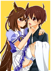Rule 34 | 1boy, 1girl, animal ears, blush, brown hair, carrying, chiaki (um byr), commentary request, hand on another&#039;s chin, highres, horse ears, horse tail, jacket, long hair, open mouth, princess carry, red eyes, school uniform, shirt, short hair, short sleeves, sirius symboli (umamusume), tail, tracen school uniform, trainer (umamusume), umamusume, white shirt