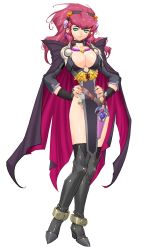 Rule 34 | belt, black legwear, boots, breasts, cape, choker, cleavage, dagger, doora, dora, fingerless gloves, gloves, green eyes, hairband, hands on own hips, highres, kajiyama hiroshi, knife, large breasts, loincloth, long hair, long loincloth, queen&#039;s blade, queen&#039;s blade spiral chaos, red hair, smile, sword, thigh boots, thighhighs, watermark, weapon