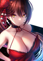 Rule 34 | 1girl, akeyama kitsune, azur lane, bare shoulders, breasts, brown hair, cleavage, closed mouth, collarbone, commentary request, criss-cross halter, dress, floating hair, hair between eyes, hair ornament, halterneck, hand on own hip, high ponytail, kanzashi, large breasts, long hair, looking at viewer, ponytail, red dress, sidelocks, sleeveless, sleeveless dress, solo, standing, tsumami kanzashi, upper body, very long hair, yellow eyes, zuikaku (azur lane)