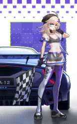 Rule 34 | 1girl, aa-12 (girls&#039; frontline), adson-(biao di), ahoge, alternate costume, bags under eyes, blue eyes, boots, breasts, candy, car, checkered flag, choker, collarbone, flag, food, full body, girls&#039; frontline, gloves, hair ornament, hat, highres, holding, holding flag, lollipop, looking at viewer, medium breasts, motor vehicle, navel, race queen, see-through, shorts, sidelocks, silver hair, skirt, solo, star (symbol), star hair ornament, thigh boots, thighhighs, tongue