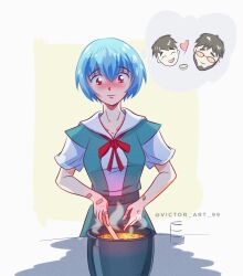 Rule 34 | 1girl, 2boys, aqua dress, artist name, ayanami rei, bandaid, bandaid on hand, bandaid on wrist, beard, blouse, blue hair, bow, bowl, bowtie, breasts, brown hair, can, closed mouth, cookie, cooking, disembodied head, dress, facial hair, father and son, food, hair between eyes, heart, highres, ikari gendou, ikari shinji, instagram username, looking at food, looking at object, medium breasts, multiple boys, neck ribbon, open mouth, orange-tinted eyewear, outside border, pinafore dress, red bow, red bowtie, red eyes, red ribbon, ribbon, round eyewear, school uniform, shirt, short hair, sleeveless, sleeveless dress, smile, solo focus, soup, stirring, sunglasses, table, thought bubble, tinted eyewear, tokyo-3 middle school uniform, victor art 99, white shirt, wooden spoon, yellow background