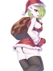 1girl artist_name ass bag black_panties black_thighhighs bob_cut breasts colored_skin creatures_(company) crop_top fur-trimmed_gloves fur-trimmed_skirt fur_trim game_freak gardevoir gen_3_pokemon gloves green_hair hair_over_one_eye hat helenwoodsr highres looking_at_viewer looking_back midriff nintendo open_mouth panties pantyshot pink_eyes pokemon pokemon_(creature) red_gloves red_skirt santa_costume santa_hat simple_background skirt thighhighs underwear white_skin