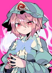 Rule 34 | 1girl, blue hat, breasts, bug, butterfly, closed mouth, commentary, hat, highres, insect, looking at viewer, medium breasts, mob cap, one-hour drawing challenge, own hands together, pink background, pink eyes, pink hair, pink nails, r.h no.1 fuyumomo, saigyouji yuyuko, short hair, simple background, smile, solo, touhou, triangular headpiece, upper body