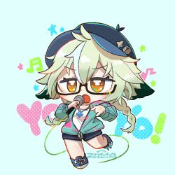 Rule 34 | 1girl, alternate costume, animal ears, arikuigames1105, baseball cap, beamed sixteenth notes, blue footwear, blue hat, blue shorts, braid, braided ponytail, breasts, chain necklace, chibi, cleavage, collarbone, contemporary, eighth note, english text, genshin impact, glasses, green hair, green jacket, hair between eyes, hair flaps, hands up, hat, highres, holding, holding microphone, hood, hooded jacket, jacket, jewelry, jitome, laces, leg up, light blue background, light green hair, long sleeves, m/, microphone, multicolored hair, musical note, necklace, open clothes, open jacket, open mouth, orange eyes, partially unzipped, primogem, rapping, refraction, semi-rimless eyewear, shirt, short hair, shorts, small breasts, solo, standing, standing on one leg, star (symbol), streaked hair, sucrose (genshin impact), track jacket, twin braids, white shirt, wire, zipper, zipper pull tab