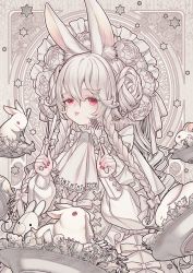 Rule 34 | 1girl, animal, animal ears, braid, flower, fork, hair between eyes, hands up, holding, holding fork, holding knife, kamui natsuki, knife, long hair, looking at viewer, original, pink eyes, rabbit, rabbit ears, rabbit girl, solo, tongue, tongue out, white hair