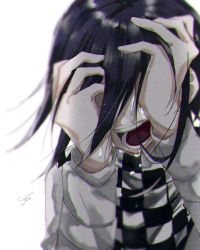 Rule 34 | 1boy, black hair, checkered clothes, checkered scarf, commentary request, danganronpa (series), danganronpa v3: killing harmony, grey jacket, hair between eyes, hands on own face, jacket, joh pierrot, long sleeves, looking at viewer, male focus, medium hair, oma kokichi, open mouth, scarf, signature, simple background, solo, straitjacket, tears, teeth, upper body, white background