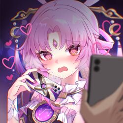 Rule 34 | 1girl, bare shoulders, blush, bow-shaped hair, cellphone, dress, embarrassed, fingernails, forehead jewel, fu xuan (honkai: star rail), hair ornament, hair stick, heart, heart-shaped pupils, highres, holding, holding phone, honkai: star rail, honkai (series), hypnosis, jewelry, long hair, looking at viewer, low twintails, mind control, open mouth, parted bangs, phone, pink hair, pink nails, pink tassel, pov, pov hands, smartphone, solo focus, sweat, symbol-shaped pupils, tassel, tassel hair ornament, twintails, upper body, very long hair, xiao xiao chuan, yellow eyes