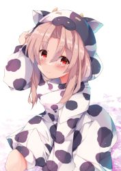 Rule 34 | 1girl, animal ears, animal hood, animal print, arm up, blush, brown hair, closed mouth, commentary request, cow ears, cow hood, cow horns, cow print, dress, fake animal ears, fake horns, fuuna, hair between eyes, highres, hood, hood up, hooded dress, horns, kantai collection, long hair, long sleeves, looking at viewer, parted bangs, print dress, red eyes, seiza, sitting, smile, solo, white background, white dress, zuihou (kancolle)