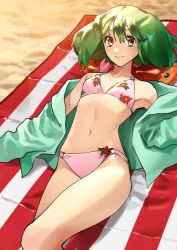 Rule 34 | 1girl, absurdres, beach, bikini, bow, breasts, brown eyes, cardigan, cleavage, closed mouth, collarbone, day, floral print, green cardigan, green hair, hair between eyes, hair bow, highres, long hair, long sleeves, looking at viewer, lying, macross, macross delta, multi-strapped bikini, navel, on back, open cardigan, open clothes, outdoors, pink bikini, pink bow, pote-mm, print bikini, ranka lee, small breasts, smile, solo, swimsuit