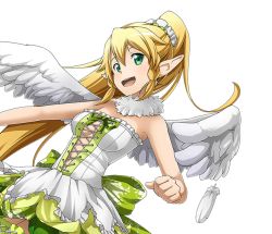 Rule 34 | 1girl, :d, blonde hair, braid, breasts, choker, cleavage, dress, feathered wings, floating hair, green eyes, green thighhighs, high ponytail, leafa, leaning back, medium breasts, open mouth, pointy ears, short dress, sleeveless, sleeveless dress, smile, solo, strapless, strapless dress, sword art online, thighhighs, transparent background, twin braids, white wings, wings