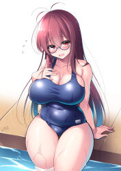 Rule 34 | 1girl, absurdres, ahoge, bare arms, blue hair, blush, breasts, brown hair, c.r., cleavage, collarbone, commentary request, competition swimsuit, covered navel, curvy, flying sweatdrops, glasses, gradient hair, hair between eyes, highres, large breasts, looking at viewer, multicolored hair, old school swimsuit, one-piece swimsuit, open mouth, original, pool, poolside, red eyes, school swimsuit, semi-rimless eyewear, signature, solo, swimsuit, taut clothes, taut swimsuit, thick thighs, thighs, under-rim eyewear, wet