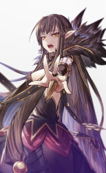 Rule 34 | 1girl, bare shoulders, black dress, black hair, blurry, breasts, commentary request, depth of field, detached sleeves, dress, fate/apocrypha, fate/grand order, fate (series), fur trim, highres, large breasts, long hair, looking at viewer, open mouth, pointy ears, semiramis (fate), teko, very long hair, white background, yellow eyes