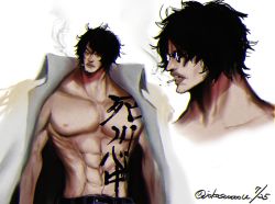 Rule 34 | 1boy, abs, angry, aramaki (ryokugyu), artist request, black hair, body writing, facial hair, glowing, glowing eyes, green background, grin, highres, looking to the side, military, military uniform, muscular, one piece, pants, pectorals, serious, short hair, simple background, smile, smoking, sunglasses, twitter username, uniform, weapon