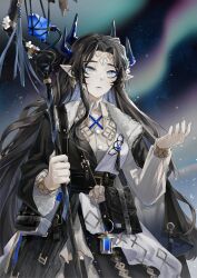 Rule 34 | 1girl, arknights, aurora, belt, black belt, black hair, blue eyes, closed mouth, collared shirt, earrings, highres, holding, holding staff, horns, jewelry, long hair, long sleeves, mole, mole under mouth, night, night sky, outdoors, pointy ears, shidare (youh4016), shirt, sky, solo, staff, upper body, valarqvin (arknights)