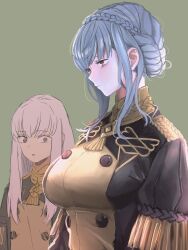 Rule 34 | 2girls, bags under eyes, blue hair, braid, breast envy, breasts, brown eyes, buttons, closed mouth, commentary request, crown braid, dress, fire emblem, fire emblem: three houses, garreg mach monastery uniform, girl staring at guy&#039;s chest (meme), green dress, hair between eyes, height difference, highres, large breasts, long hair, looking at another, looking away, lysithea von ordelia, marianne von edmund, meme, midori sandori, multiple girls, nintendo, purple eyes, short hair, short hair with long locks, sidelocks, simple background, uniform, white hair