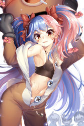 Rule 34 | 1girl, abondz, absurdres, animal costume, armpits, bear costume, blue hair, blush, bow, breasts, facial mark, flower, hair bow, highres, long hair, looking at viewer, multicolored hair, navel, open clothes, open mouth, pink hair, red eyes, simple background, small breasts, soccer spirits, solo focus, sports bra, sweat, twintails, two-tone hair, undressing, zipper pull tab