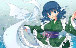 Rule 34 | 1girl, animal ears, blue eyes, blue hair, breasts, eyebrows, fins, head fins, iroyopon, japanese clothes, long sleeves, matching hair/eyes, mermaid, monster girl, obi, open mouth, sash, short hair, smile, solo, thick eyebrows, touhou, wakasagihime, water, wide sleeves