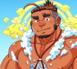 Rule 34 | 1boy, ahoge, bara, black hair, blue background, blush, closed mouth, dark-skinned male, dark skin, ei (marutendon), facial hair, goatee, gradient background, hair bun, halo, halo behind head, jewelry, large pectorals, long sideburns, looking at viewer, male focus, multicolored hair, muscular, muscular male, necklace, nipples, nose blush, nude, pectorals, portrait, red hair, sarutahiko (housamo), shell, shell necklace, sideburns, single hair bun, solo, steam, streaked hair, stubble, tokyo houkago summoners, undercut