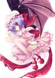 Rule 34 | 1girl, bad id, bad pixiv id, bat wings, female focus, garter straps, legs, light purple hair, lying, mary janes, md5 mismatch, mikan (5555), on side, red eyes, remilia scarlet, shoes, short hair, smile, solo, thighhighs, touhou, wings