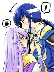 Rule 34 | !, 1boy, 1girl, blue eyes, blue hair, blush, brother and sister, circlet, dress, fire emblem, fire emblem: genealogy of the holy war, headband, holding, implied incest, julia (fire emblem), long hair, looking at another, looking down, looking up, nintendo, ponytail, purple eyes, purple hair, seliph (fire emblem), siblings, simple background, spoken expression, white headband, yukia (firstaid0)