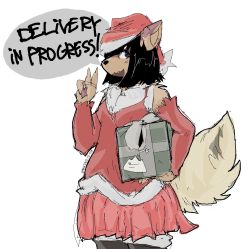Rule 34 | 1girl, black hair, christmas, dog, english text, female focus, furry, furry female, hat, package, paru (artist), skirt, solo, white background
