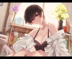 Rule 34 | 1girl, alarm clock, bad id, bad pixiv id, bare shoulders, black bra, book, bookshelf, borrowed character, bra, breasts, brown hair, cat, cellphone, charging device, cleavage, clock, closed mouth, clothes down, collarbone, collared shirt, commentary, curtains, dutch angle, english commentary, flower, head tilt, id card, indoors, kamoboko, lace, lace bra, lanyard, large breasts, licking paw, long sleeves, looking at viewer, morning, name tag, off shoulder, office lady, olive laurentia, open clothes, original, painttool sai, phone, pixie cut, plant, red eyes, shirt, short hair, sitting, smartphone, solo, underwear, vase, white cat, white shirt, window