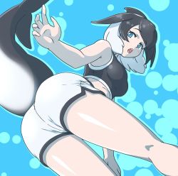 Rule 34 | 1girl, acesrulez, alternate costume, bare shoulders, black hair, black shirt, blue eyes, casual, cetacean tail, commentary request, crop top, dolphin shorts, fins, fish tail, highres, kemono friends, midriff, multicolored hair, orca (kemono friends), orca girl, shirt, short hair, short shorts, shorts, sleeveless, solo, sports bra, tail, thighs, two-tone hair, white hair, white shorts