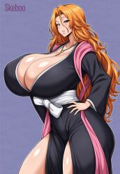 1girl artist_name bleach blue_eyes breasts chain chain_necklace female_focus hand_on_own_thigh highres huge_breasts jewelry large_breasts lips long_hair looking_at_viewer matsumoto_rangiku mole mole_under_mouth necklace orange_hair pink_shawl shawl shihakusho shiny_skin simple_background skeboo teeth thick_thighs thighs