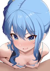 Rule 34 | 1boy, 1girl, bikini, blue bikini, blue eyes, blue hair, blue nails, blush, breasts, censored, commentary request, highres, hololive, hololive summer 2023 swimsuit, hoshimachi suisei, long hair, looking at viewer, mosaic censoring, nail polish, naizuri, official alternate costume, open mouth, paizuri, paizuri under clothes, shoreen54, small breasts, smile, star (symbol), star in eye, swimsuit, symbol in eye, virtual youtuber, white background