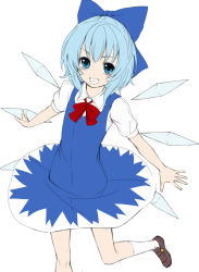 Rule 34 | 1girl, blue hair, bow, cirno, detached wings, grin, hair bow, ice, ice wings, outstretched arms, puffy sleeves, short hair, short sleeves, smile, solo, takemori shintarou, touhou, white background, wings