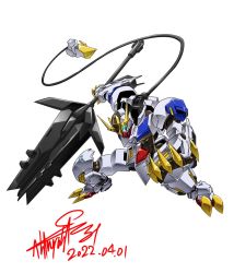 Rule 34 | cable, cable tail, club (weapon), dated, glowing, glowing eye, gundam, gundam barbatos, gundam tekketsu no orphans, holding, holding club, holding weapon, mecha, mechanical tail, mobile suit, no humans, open hand, robot, signature, solo, tail, v-fin, weapon, white background, zzz sakaz