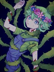 Rule 34 | 1boy, basil (headspace) (omori), basil (omori), blood, blood on clothes, blue eyes, blue overalls, colored skin, flower, green hair, green shirt, head wreath, highres, looking at viewer, omori, overall shorts, overalls, parted lips, plant, sebon (sebochin), shirt, short hair, solo, sweat, thorns, vines, white skin