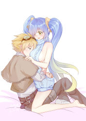 Rule 34 | 1boy, 1girl, absurdres, ass grab, between breasts, blonde hair, blue hair, blush, breasts, ezreal, head between breasts, hetero, highres, large breasts, league of legends, meme attire, smother, sona (league of legends), twintails, virgin killer sweater
