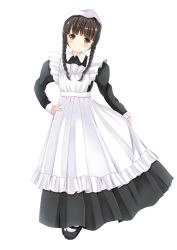 Rule 34 | 1girl, apron, black dress, black footwear, blunt bangs, blush, braid, brown eyes, brown hair, closed mouth, dress, full body, hand on own hip, head scarf, head tilt, highres, inahori, juliet sleeves, long hair, long sleeves, looking at viewer, low twintails, maid, maid apron, mary janes, original, pleated dress, puffy sleeves, shoes, simple background, sleeves past wrists, smile, solo, standing, twin braids, twintails, victorian maid, white apron, white background, white legwear