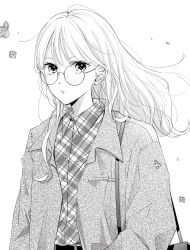 Rule 34 | 1girl, :/, bag, belt, blurry, breast pocket, buttons, closed mouth, collared jacket, collared shirt, commentary, depth of field, eyelashes, flower, glasses, gold osmanthus, greyscale, handbag, highres, jacket, long hair, long sleeves, looking at viewer, monochrome, open clothes, open jacket, original, osmanthus, plaid, plaid shirt, pocket, round eyewear, saitou shiori (pixiv14549321), shirt, shirt tucked in, shoulder bag, simple background, solo, stippling (texture), unmoving pattern, upper body, wavy hair