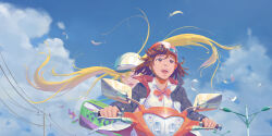 2girls :o bag bag_charm blue_sky bow brown_hair charm_(object) closed_eyes cloud connie_christensen duffel_bag feathers fu_che262 goggles goggles_on_head hanebado! helmet highres jacket lamppost long_hair medium_hair motor_vehicle motorcycle multiple_girls on_motorcycle outdoors power_lines red_bow shirt shiwahime_yuika sky twintails white_shirt