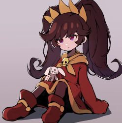 Rule 34 | 1girl, ashley (warioware), full body, hair ornament, highres, holding, holding stuffed toy, long hair, neckerchief, nintendo, on floor, open mouth, orange neckerchief, pantyhose, red eyes, red footwear, sidelocks, simple background, stuffed toy, twintails, very long hair, warioware