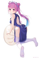 Rule 34 | 1girl, absurdres, ahoge, arched back, ass, back cutout, baozi, bare arms, bare shoulders, blue dress, braid, breasts, china dress, chinese clothes, clothing cutout, colored inner hair, double bun, dress, feet, food, from behind, hair bun, headdress, highres, hokori sakuni, hololive, long hair, looking at viewer, looking back, medium breasts, minato aqua, multicolored hair, nail polish, no panties, no shoes, parted lips, pelvic curtain, purple eyes, purple hair, simple background, sleeveless, sleeveless dress, solo, streaked hair, thighhighs, thighs, twintails, two-tone hair, virtual youtuber, white background, white thighhighs