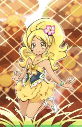 Rule 34 | 10s, 1girl, adapted costume, alternate costume, bad id, bad pixiv id, bare shoulders, blonde hair, boots, brooch, cure honey, dark-skinned female, dark skin, dress, earrings, eyelashes, flower, hair flower, hair ornament, happinesscharge precure!, happy, heart, heart brooch, high heel boots, high heels, jewelry, jumping, long hair, looking at viewer, magical girl, milton (nontan-93bellcat), nontan-93bellcat, oomori yuuko, ponytail, precure, ribbon, skirt, smile, solo, wide ponytail, wrist cuffs, yellow eyes