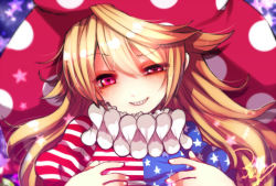 Rule 34 | 1girl, american flag dress, blonde hair, blush, clownpiece, frills, fua yuu, grin, hat, head tilt, jester cap, long hair, looking at viewer, portrait, puffy sleeves, raised eyebrow, red eyes, shirt, short sleeves, signature, smile, solo, star (symbol), striped, touhou