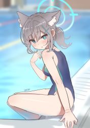 Rule 34 | absurdres, animal ears, blue archive, blue eyes, blush, breasts, cat ears, cat girl, competition swimsuit, goyain, hand up, highres, looking at viewer, one-piece swimsuit, poolside, shiroko (blue archive), shiroko (swimsuit) (blue archive), simple background, sitting, sunaookami, swimsuit