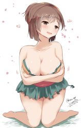 Rule 34 | 10s, 1girl, 2016, :d, artist name, bare shoulders, barefoot, blush, breasts, brown eyes, brown hair, cleavage, collarbone, dated, eyebrows, full body, green skirt, head tilt, heart, highres, hiryuu (kancolle), kantai collection, kneeling, large breasts, looking at viewer, motion lines, open mouth, pleated skirt, sash, shishoo (vanura), short hair, sketch, skirt, smile, solo, tareme, torn clothes, torn skirt