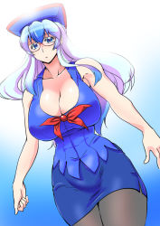 Rule 34 | 1girl, adapted costume, bare arms, bare shoulders, blue eyes, blue hair, breasts, cleavage, curvy, danna (karatekikku), glasses, gradient hair, hat, huge breasts, kamishirasawa keine, long hair, looking at viewer, matching hair/eyes, miniskirt, multicolored hair, pantyhose, shirt, silver hair, skirt, sleeveless, sleeveless shirt, smile, solo, thick thighs, thighs, touhou, two-tone hair