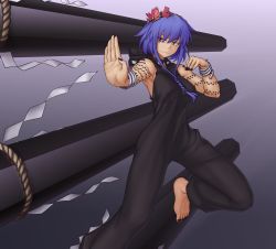 Rule 34 | 00s, armpits, bare arms, bare shoulders, barefoot, black nails, black necktie, bracelet, braid, closed mouth, cosplay, feet, fighting stance, fingernails, front braid, front ponytail, gradient background, hair ornament, hater (hatater), highres, jewelry, leaf hair ornament, long fingernails, medusa gorgon, medusa gorgon (cosplay), nail polish, necktie, palms, pillar, purple hair, red eyes, short hair with long locks, simple background, smile, smirk, soul eater, tattoo, toenail polish, toenails, touhou, unitard, yasaka kanako