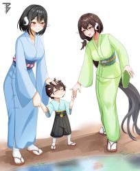 Rule 34 | 1boy, 2girls, azur lane, black hair, blue kimono, bob cut, breasts, brown hair, closed mouth, commission, curled horns, closed eyes, full body, grandmother, grandmother and grandson, green kimono, grey hair, hakama, hakama shorts, hand in another&#039;s hair, hand on another&#039;s head, highres, holding hands, horns, japanese clothes, kimono, large breasts, long hair, mikasa (azur lane), mother and daughter, mother and son, multiple girls, obi, open mouth, sandals, sash, second-party source, shorts, socks, standing, tabi, toy bits, very long hair, yellow eyes