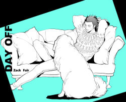 Rule 34 | 1boy, aqua background, arms behind head, black hair, character name, closed eyes, couch, dog, facial scar, final fantasy, final fantasy vii, foot out of frame, hair slicked back, highres, knit sweater, long sleeves, male focus, medium hair, monochrome, oqm ohc, pants, parted lips, pillow, reclining, scar, scar on cheek, scar on face, smile, zack fair