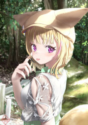Rule 34 | 1girl, absurdres, blonde hair, blouse, blunt bangs, braid, breasts, brown hat, closed mouth, commentary request, day, forest, fox girl, fox hat, fox tail, french braid, from side, green nails, hand up, hat, heart, heart-shaped pupils, highres, hololive, looking at viewer, looking back, medium breasts, medium hair, multicolored hair, nail polish, nature, official alternate costume, official alternate hairstyle, omaru polka, omaru polka (street casual), outdoors, pink hair, purple eyes, see-through, see-through sleeves, shirt, short sleeves, sidelocks, solo, streaked hair, symbol-shaped pupils, tail, tongue, tongue out, upper body, virtual youtuber, watermark, white shirt, yorishiro tsuki