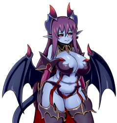 Rule 34 | 1girl, bare shoulders, belly, black sclera, blue skin, blush, breasts, cleavage, colored sclera, colored skin, cowboy shot, demon (monster girl encyclopedia), demon girl, demon wings, earrings, elbow gloves, gloves, heart, heart earrings, highres, horns, huge breasts, jewelry, long hair, looking at viewer, monster girl encyclopedia, nav (itsnav), navel, plump, pointy ears, purple hair, red eyes, simple background, smile, solo, tail, thick thighs, thighhighs, thighs, very long hair, white background, wings