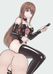 Rule 34 | 1boy, 1girl, ass, bdsm, bondage outfit, breasts, brown eyes, brown hair, censored, cleavage, collar, dominatrix, femdom, highres, holding riding crop, human chair, human furniture, kikiu bd, male ass, medium breasts, original, penis, riding crop, shiny clothes, sitting, sitting on person, thighhighs, underboob